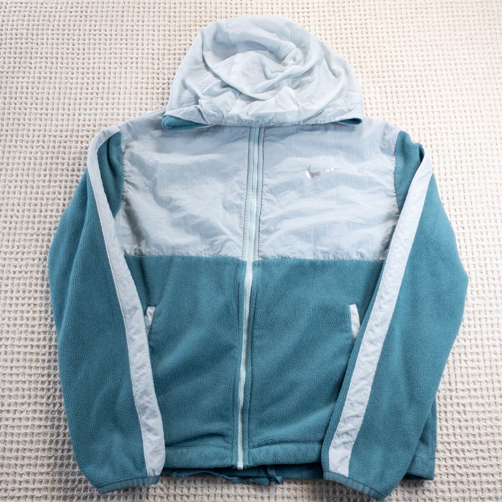 Nike Dri-FIT Fleece Full Zip Hoodie Teal Blue Nylon Overlay Crop Jacket Large